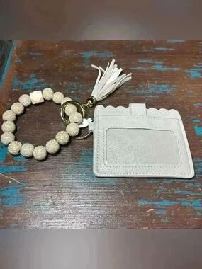 New Leather Tassel Card Holder Wristlet in Light Gray